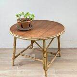 Vintage rattan and oak round coffee table