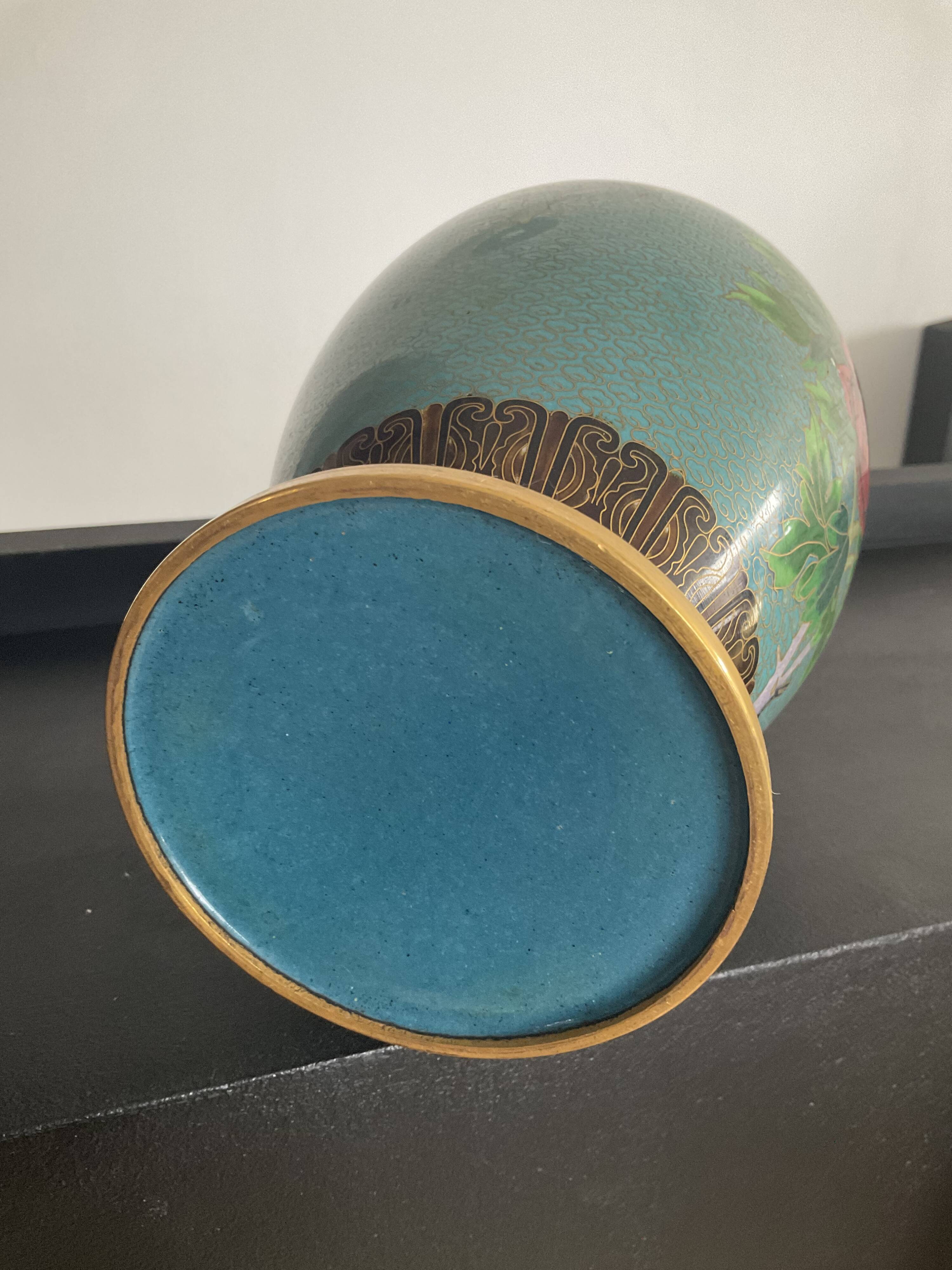 Vintage cloisonné vase in enamels and brass
