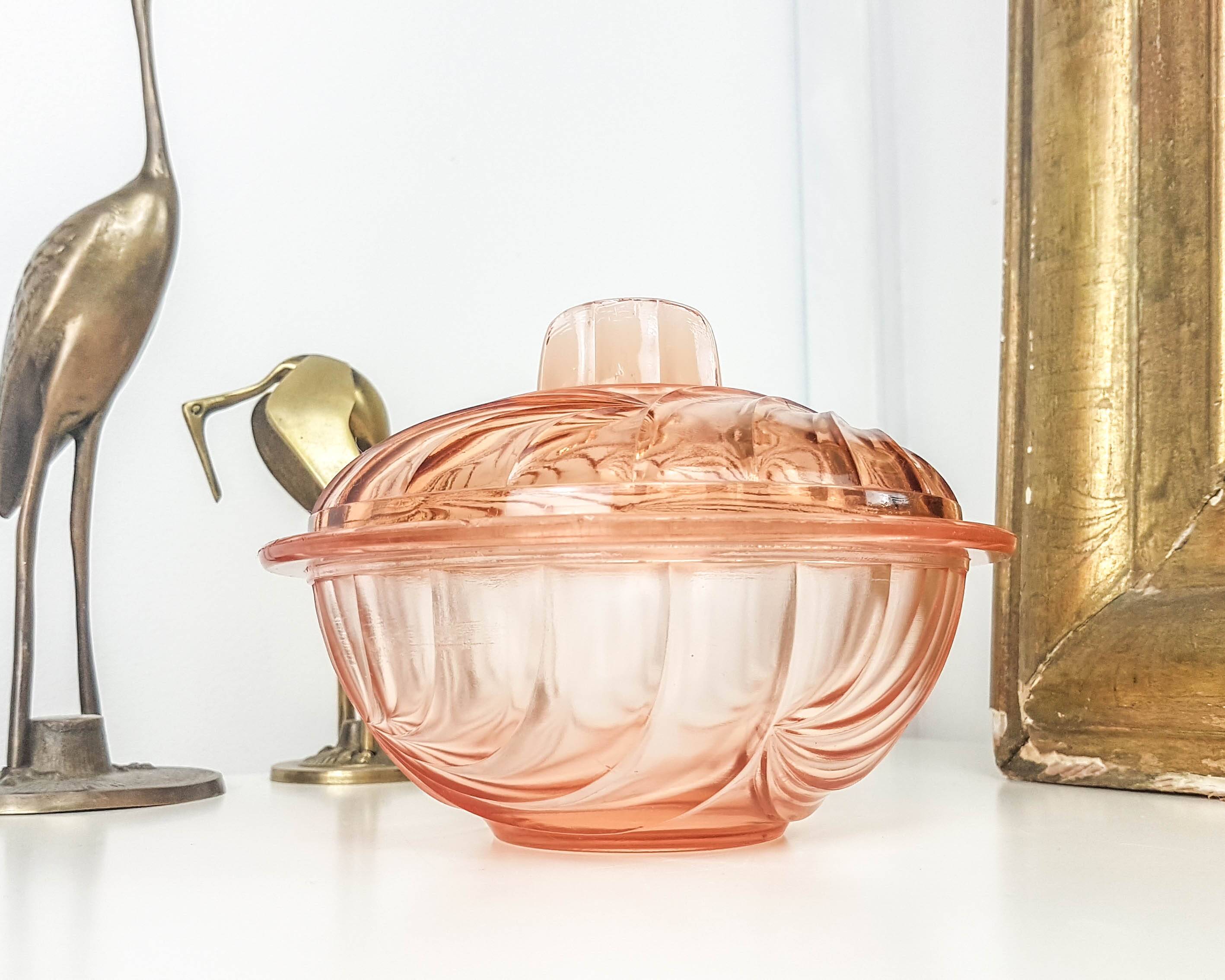 Vintage pink glass art deco candy box 1950