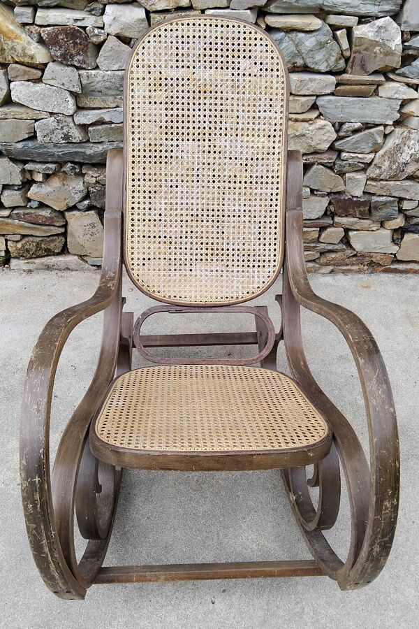 Rocking-Chair en bois et cannage Vintage