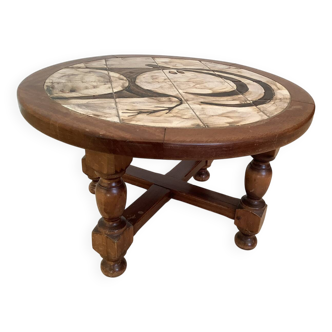 Table Basse Bois & céramique signée - Motif Cerf