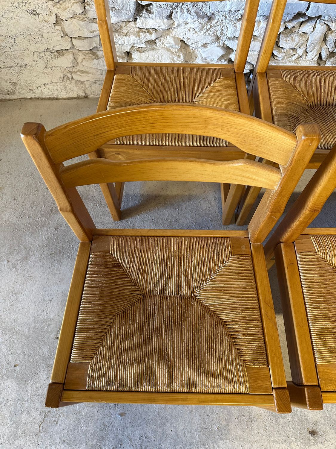 6 Regain House chairs - Elm and straw - 1980 - Vintage - Brutalist