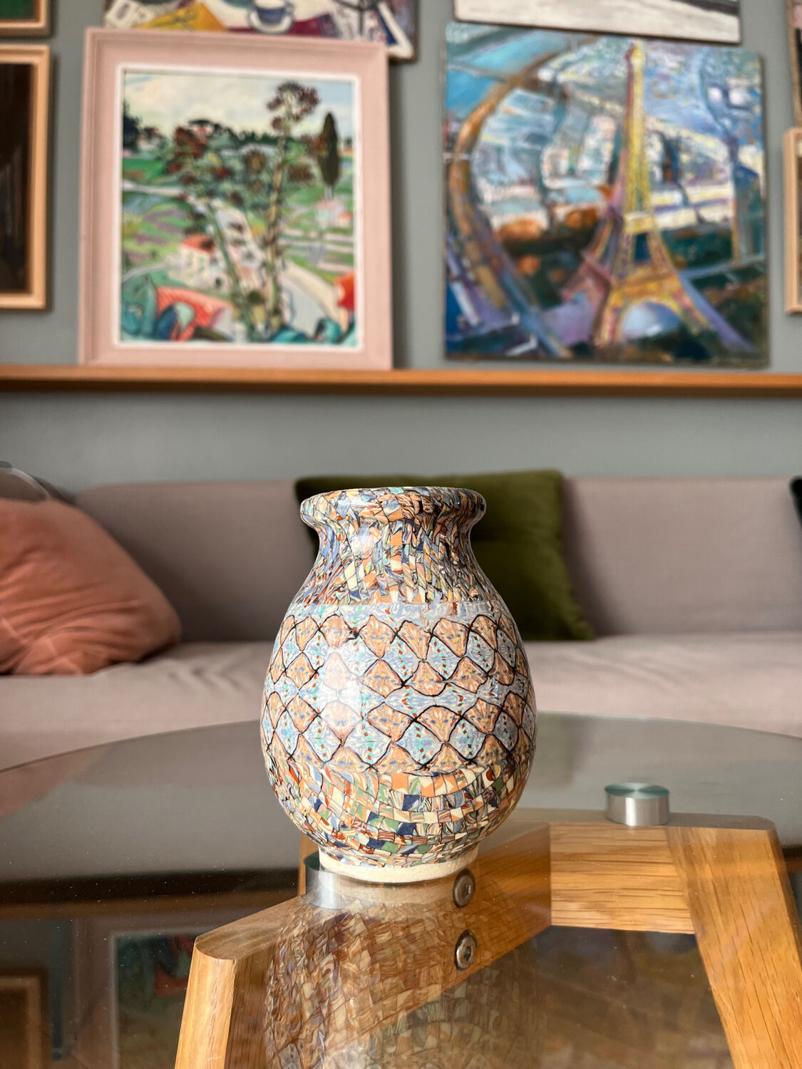 Small Vallauris vase in mosaic clay signed Gerbino