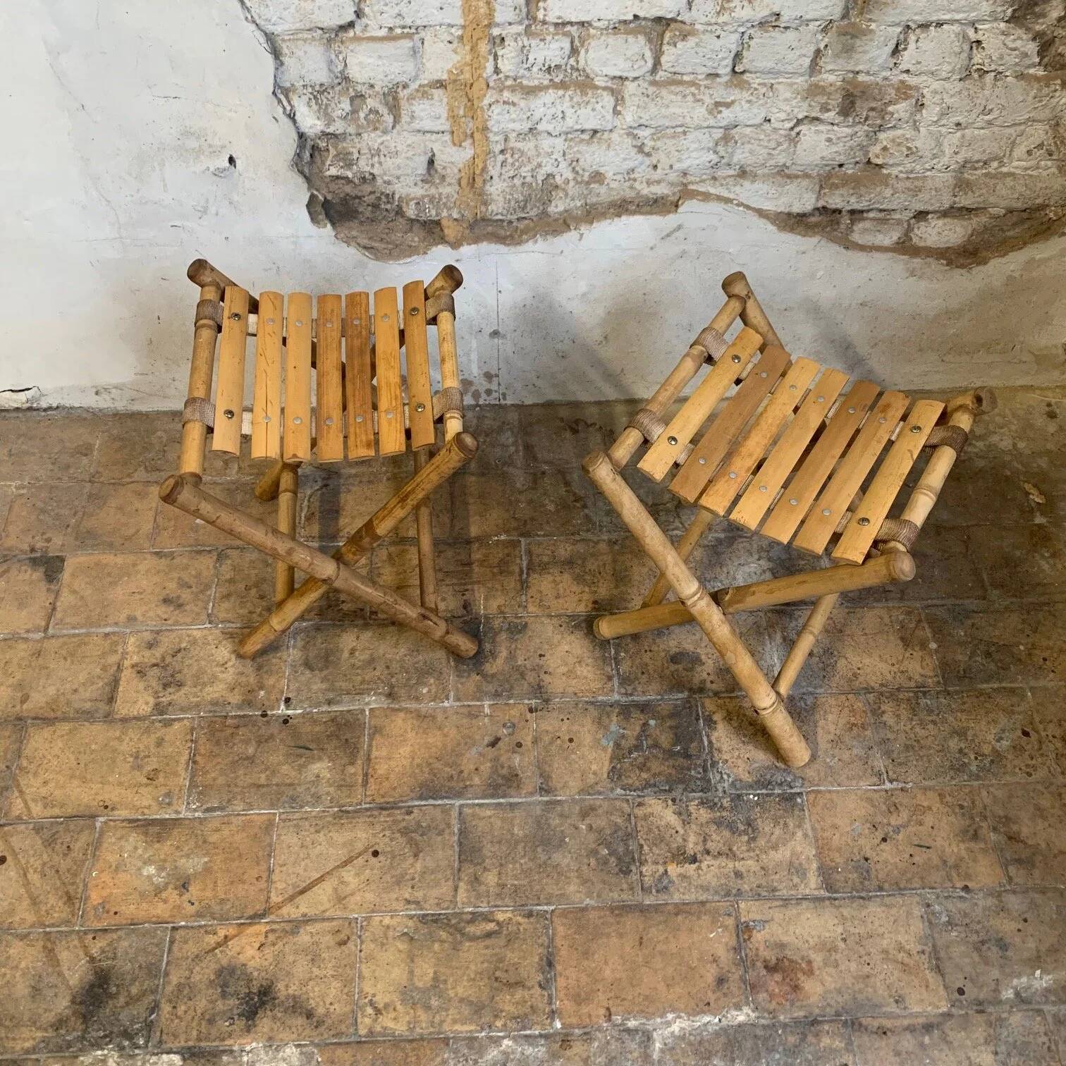 ancienne Paire de tabouret de pêcheur, bambou, XXe