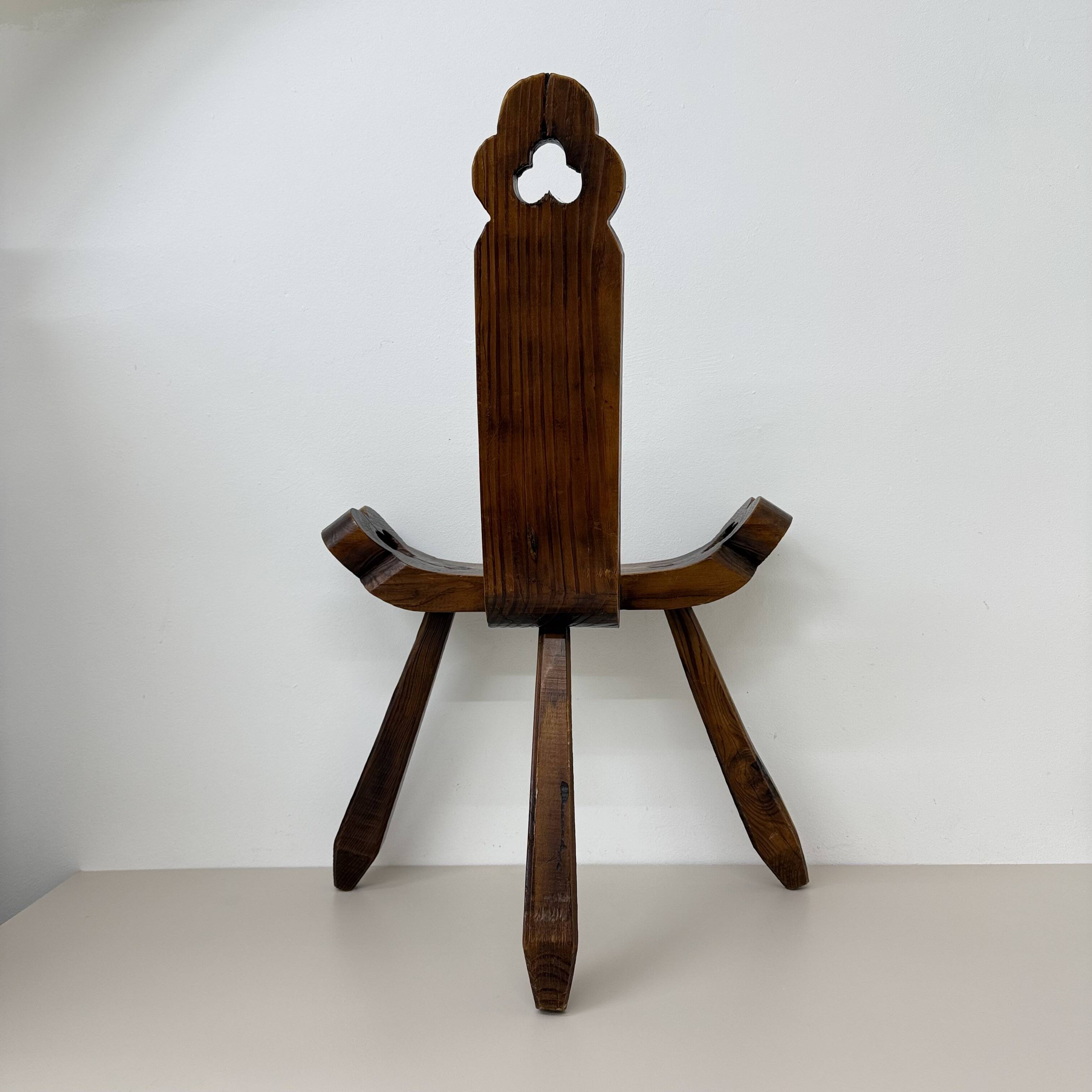 Brutalist hand carved oak Spanish tripod chair , 1970s
