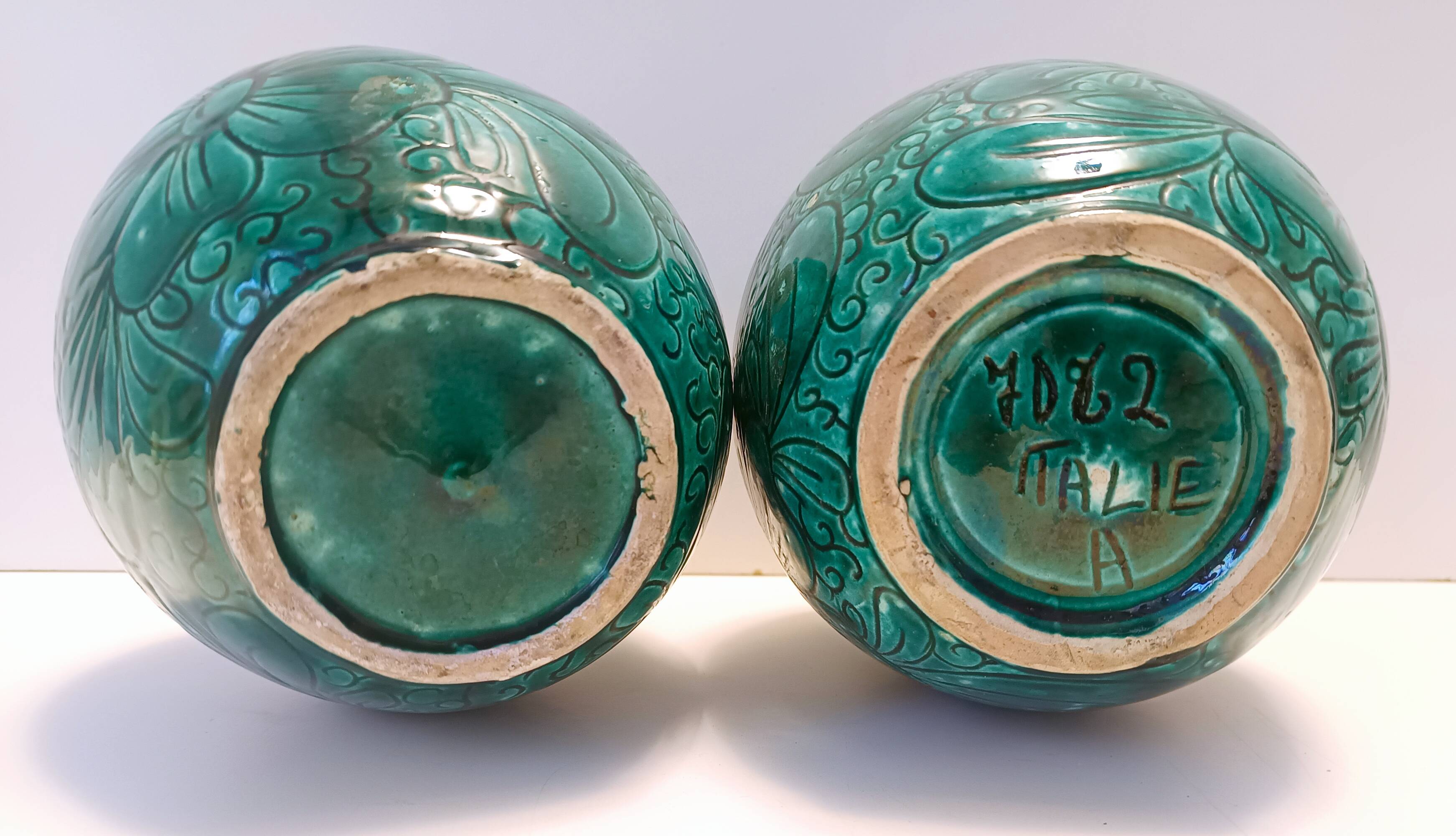 Pair of Handcrafted Green Ceramic Vases by Fanciullacci, Italy