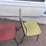 Set of 3 vintage yellow and red faux leather chairs.