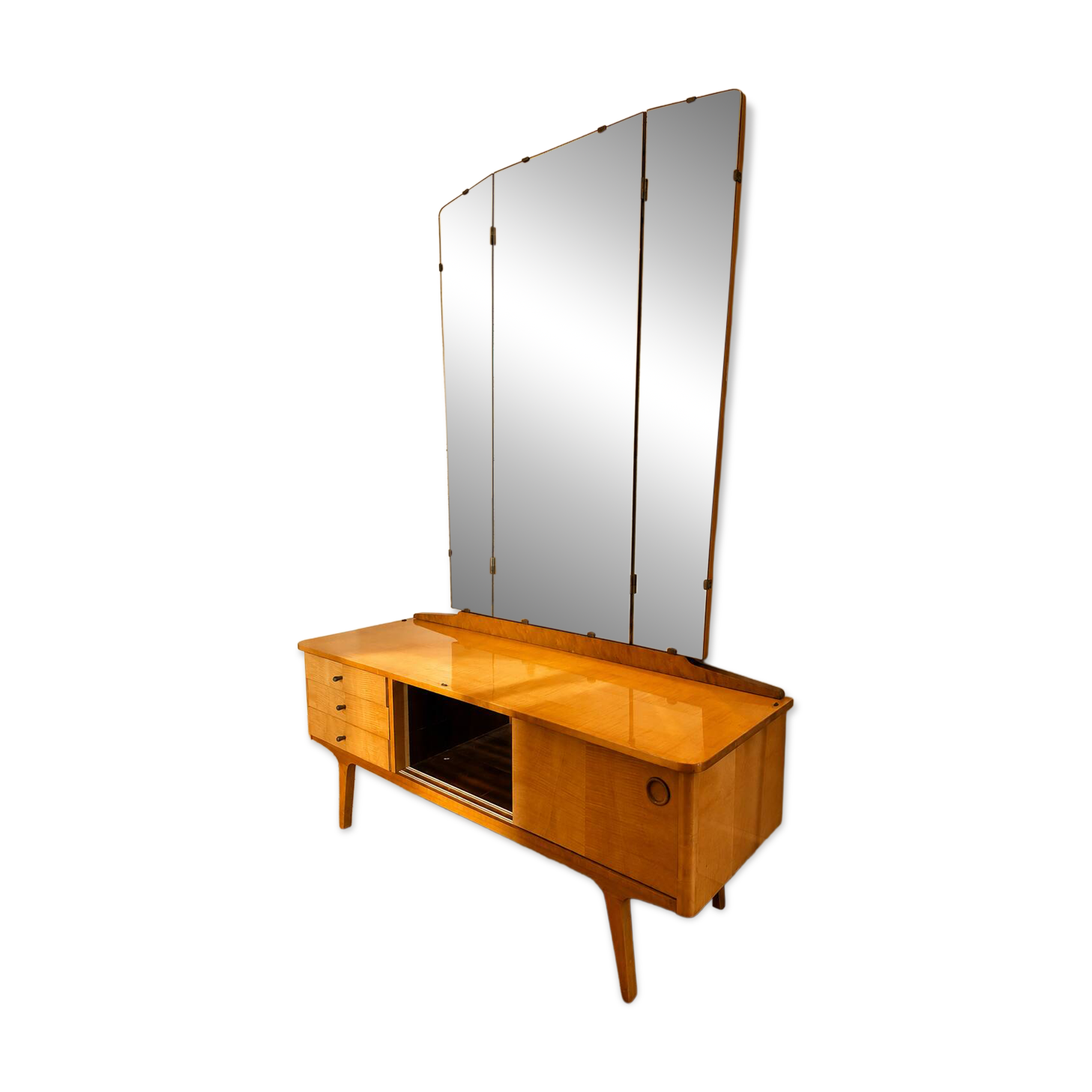 Coiffeuse vintage - mid century années 50 en sycomore ondé miroir triptyque