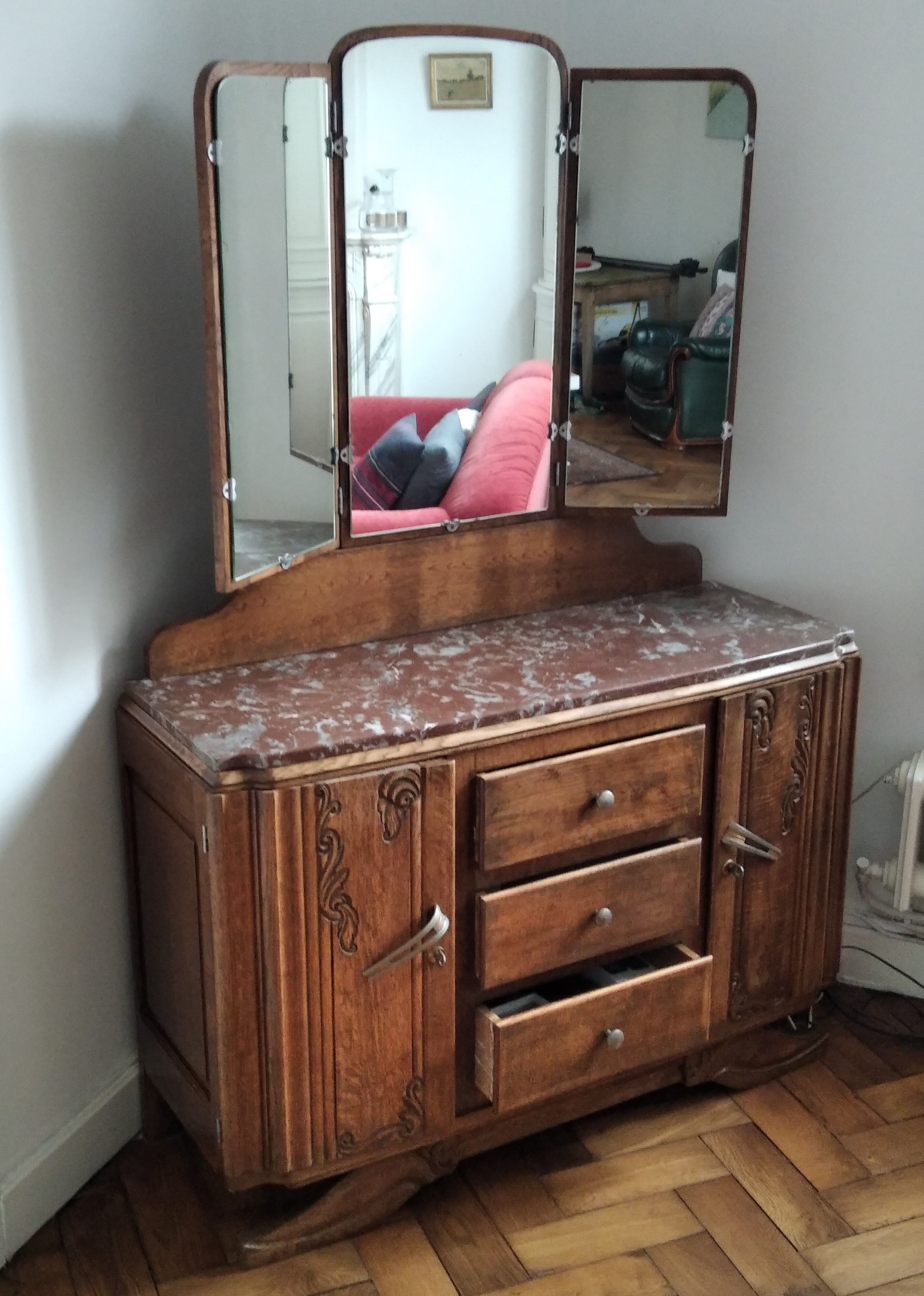 Solid wood dresser with triptych mirror and marble top