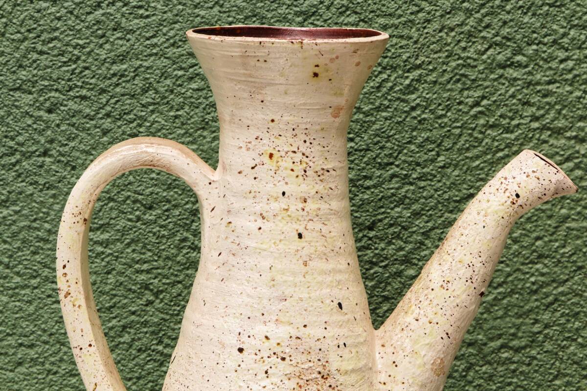 Vessel, jug, signed, 1950s, red terracotta, cream slip.