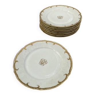 Lot de 6 assiettes plates de Limoges blanches et or