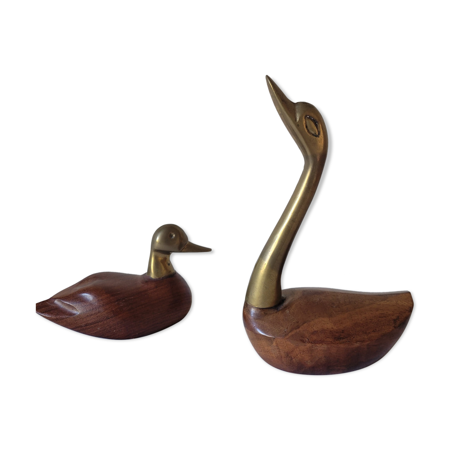 Duck and swan in brass and wood