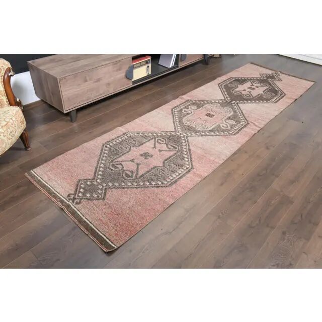 1970s Turkish Oushak Handmade Wool Cotton Pink Runner Rug 100x349