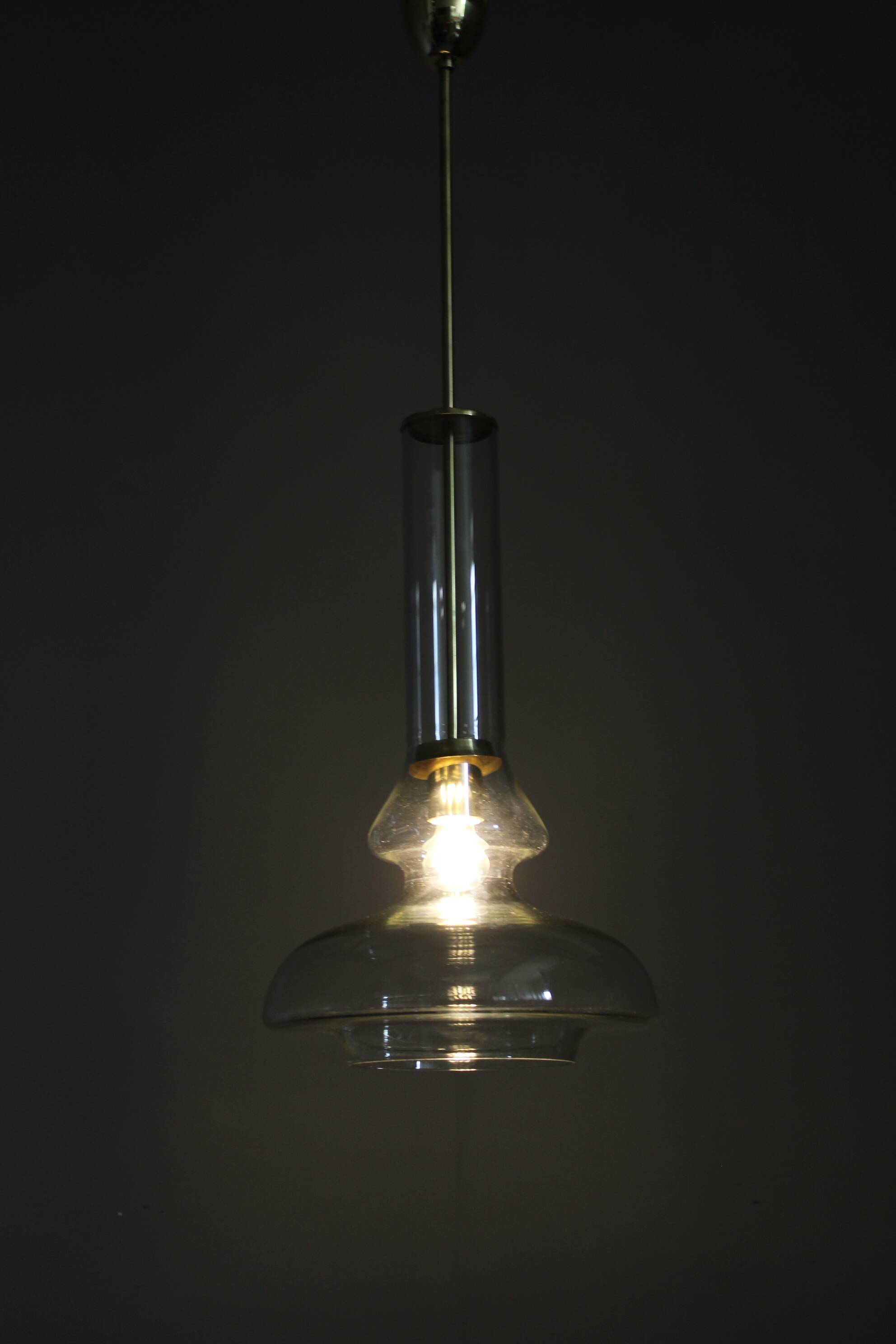 Mid-century Czech glass pendant light brass finish 1970s modern rewired