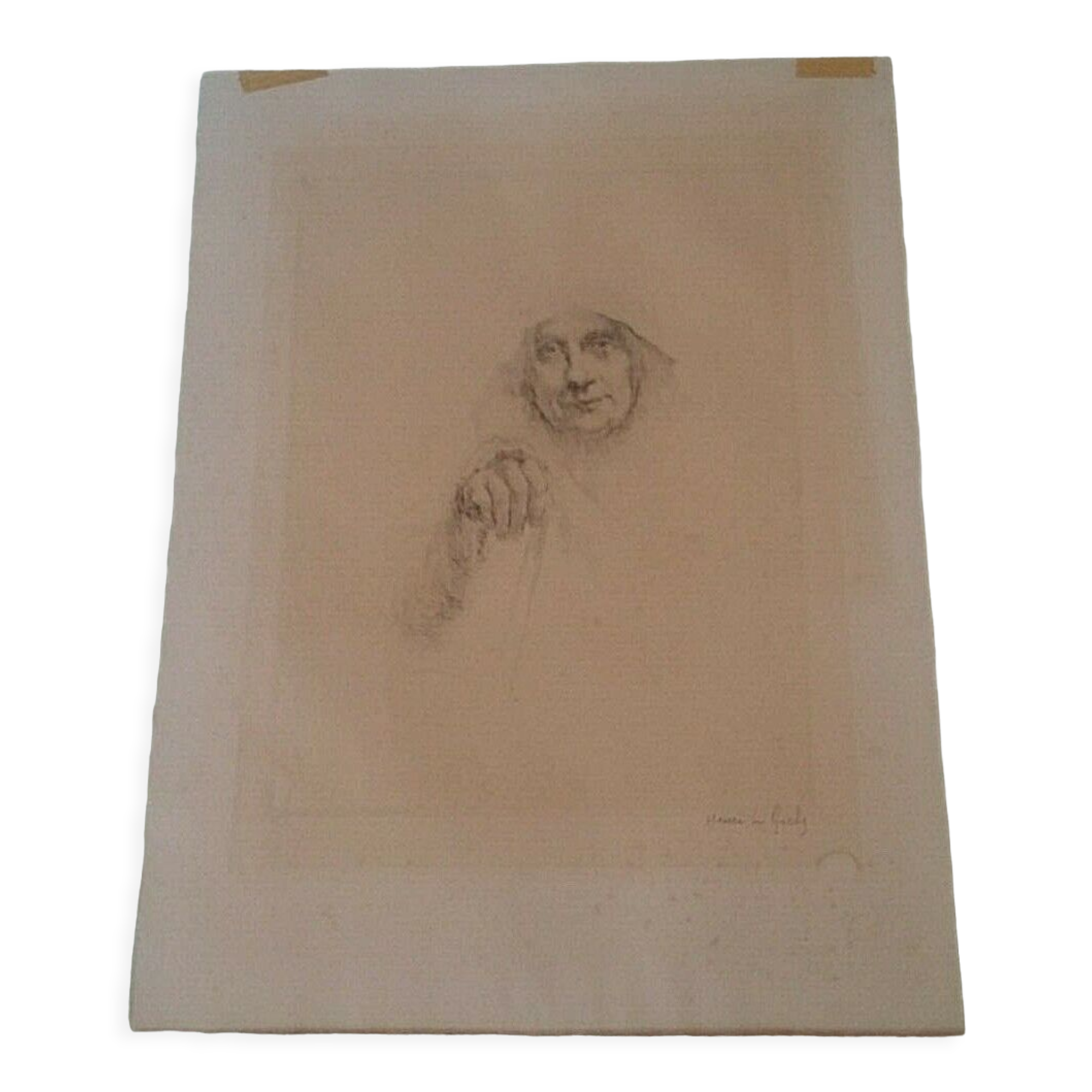 Engraving signed Henri Le Riche portrait of an old woman