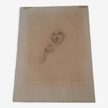 Gravure signée Henri Le Riche portrait de vieille femme