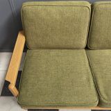 canapé 3 places en tissu vert et bois années 1960