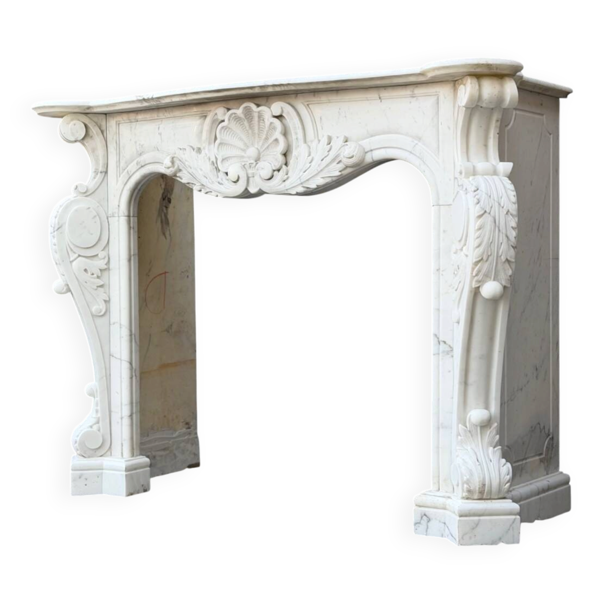 Louis XV style fireplace in Carrara marble, circa 1980.