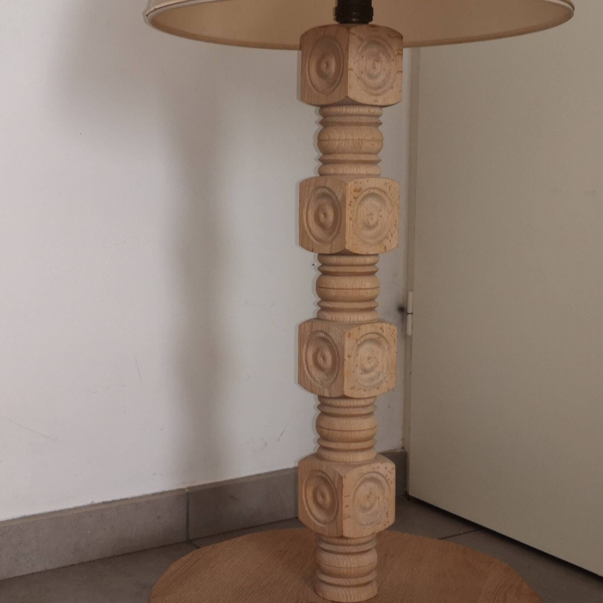 Brutalist living room lamp in raw oak by Charles Dudouyt 1940-1950