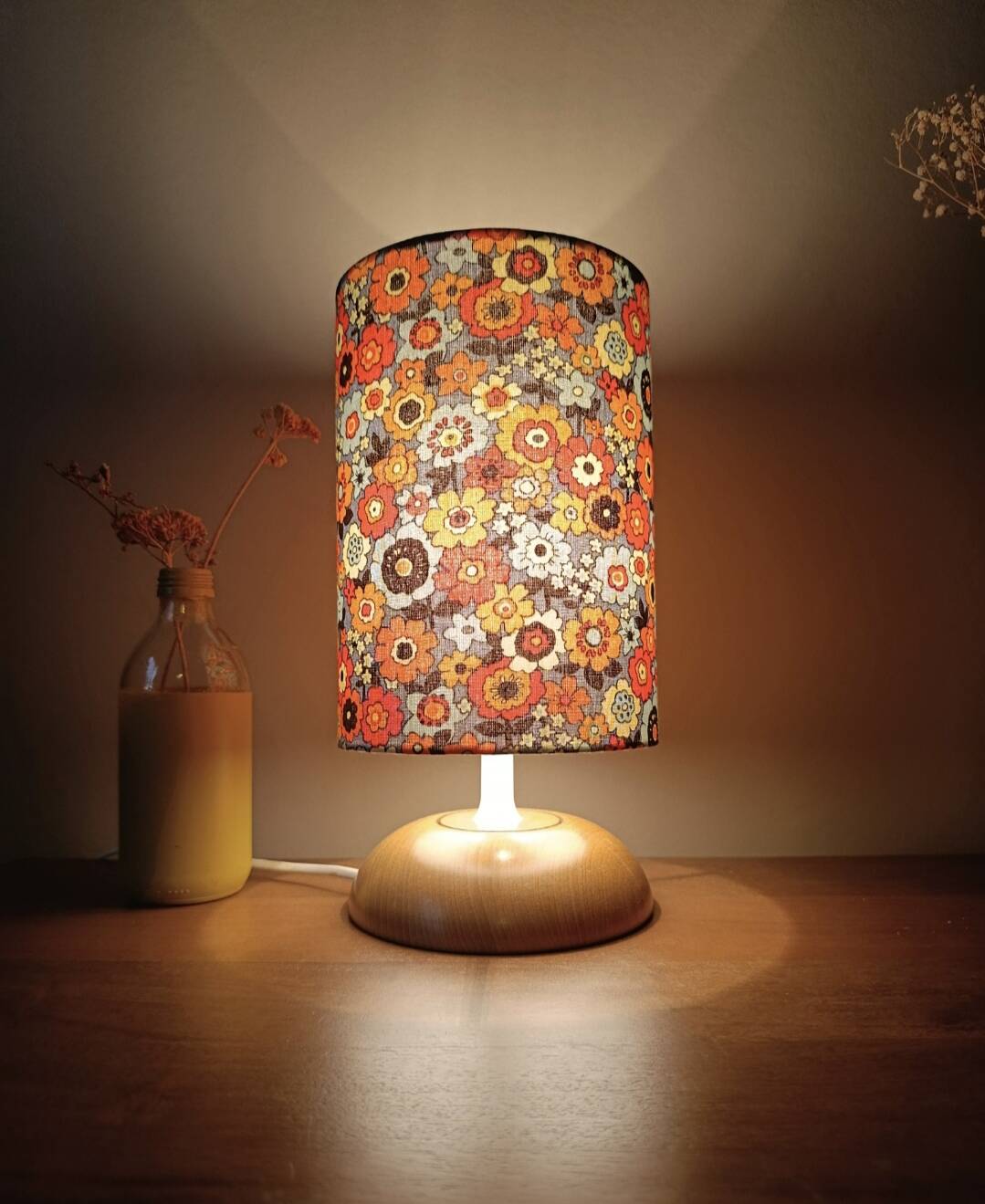 vintage light wood lamp, flower power lampshade