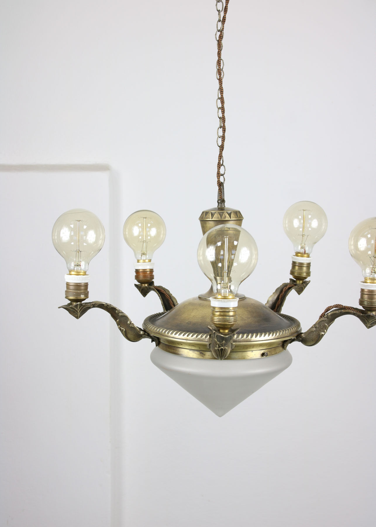 Vintage brass and glass chandelier, 40s