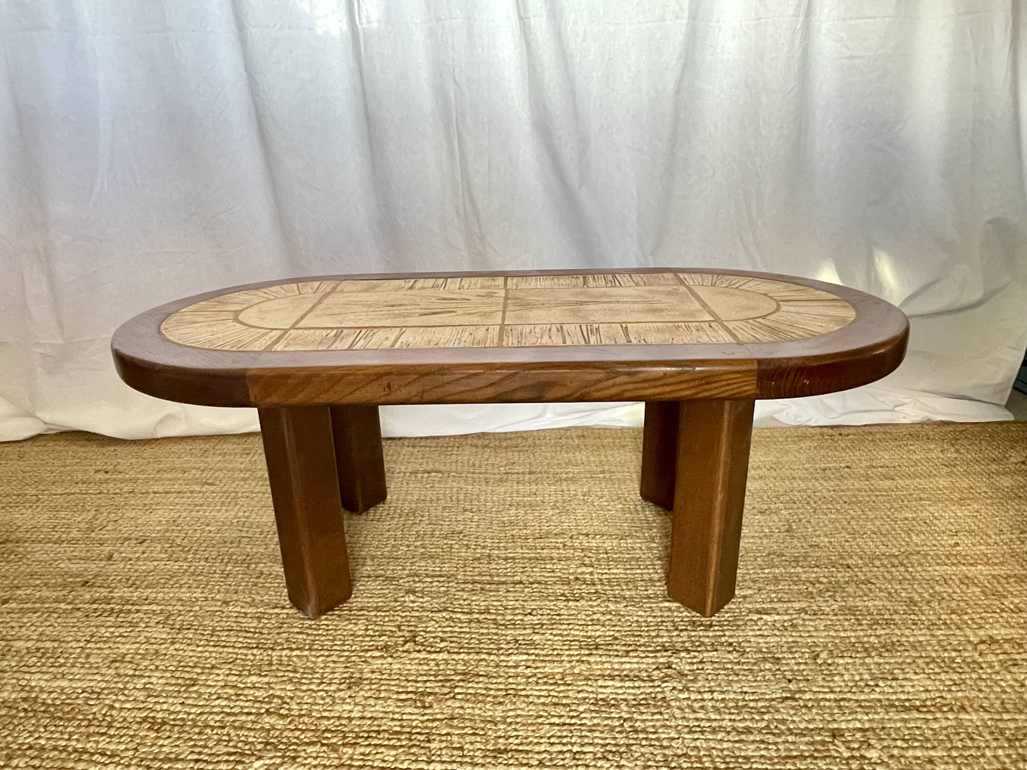 Ceramic and solid wood herbarium coffee table, signed
