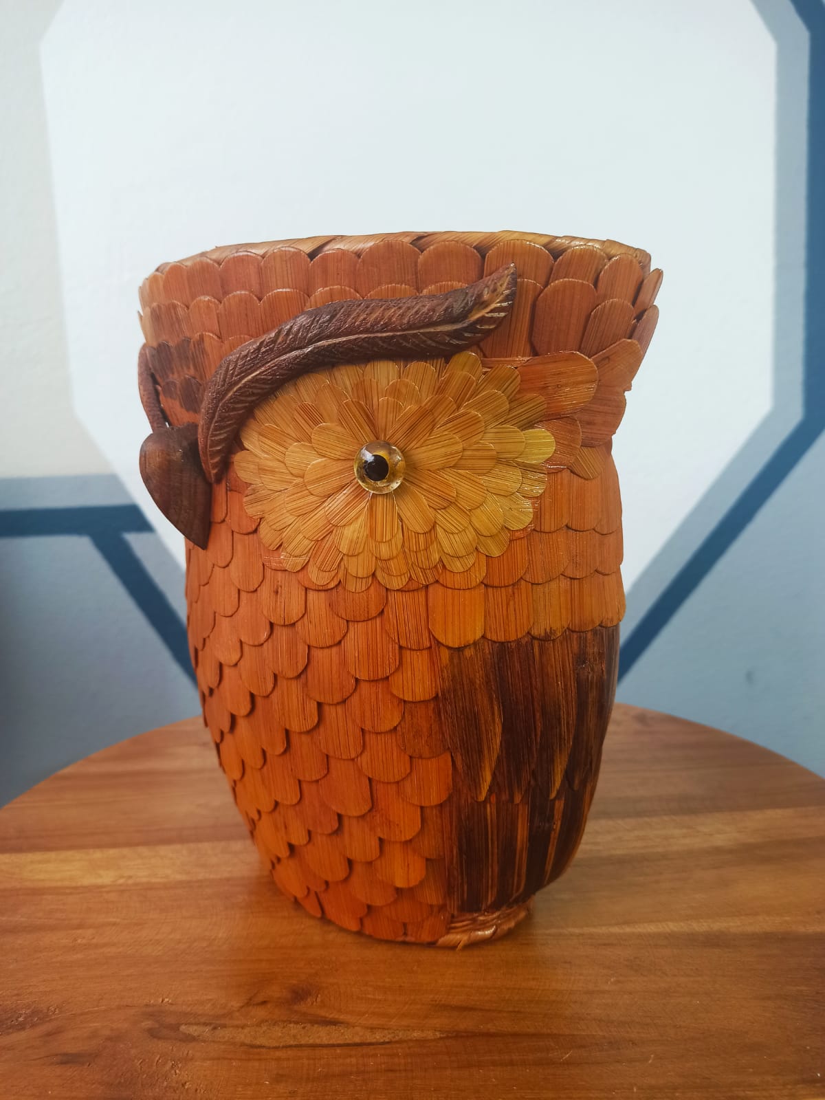 Vintage wall basket, wicker owl and bamboo
