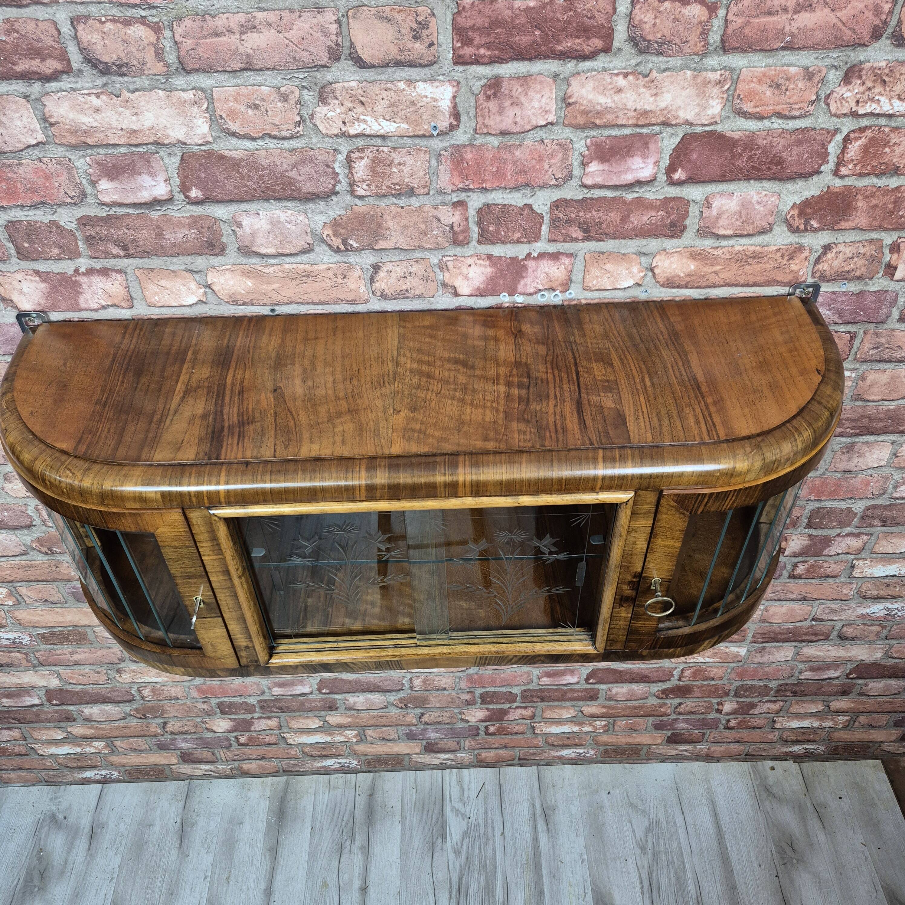 Upcycled Art Deco Walnut Wall Cabinet with Engraved and Slatted Glass - 193