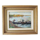 Ancien Tableau Huile sur Bois Encadré & Signé : Le Pêcheur