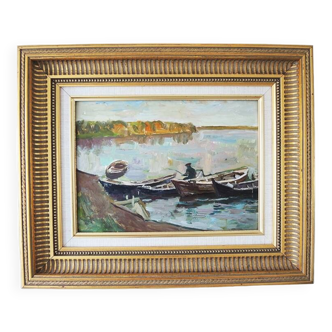 Ancien Tableau Huile sur Bois Encadré & Signé : Le Pêcheur