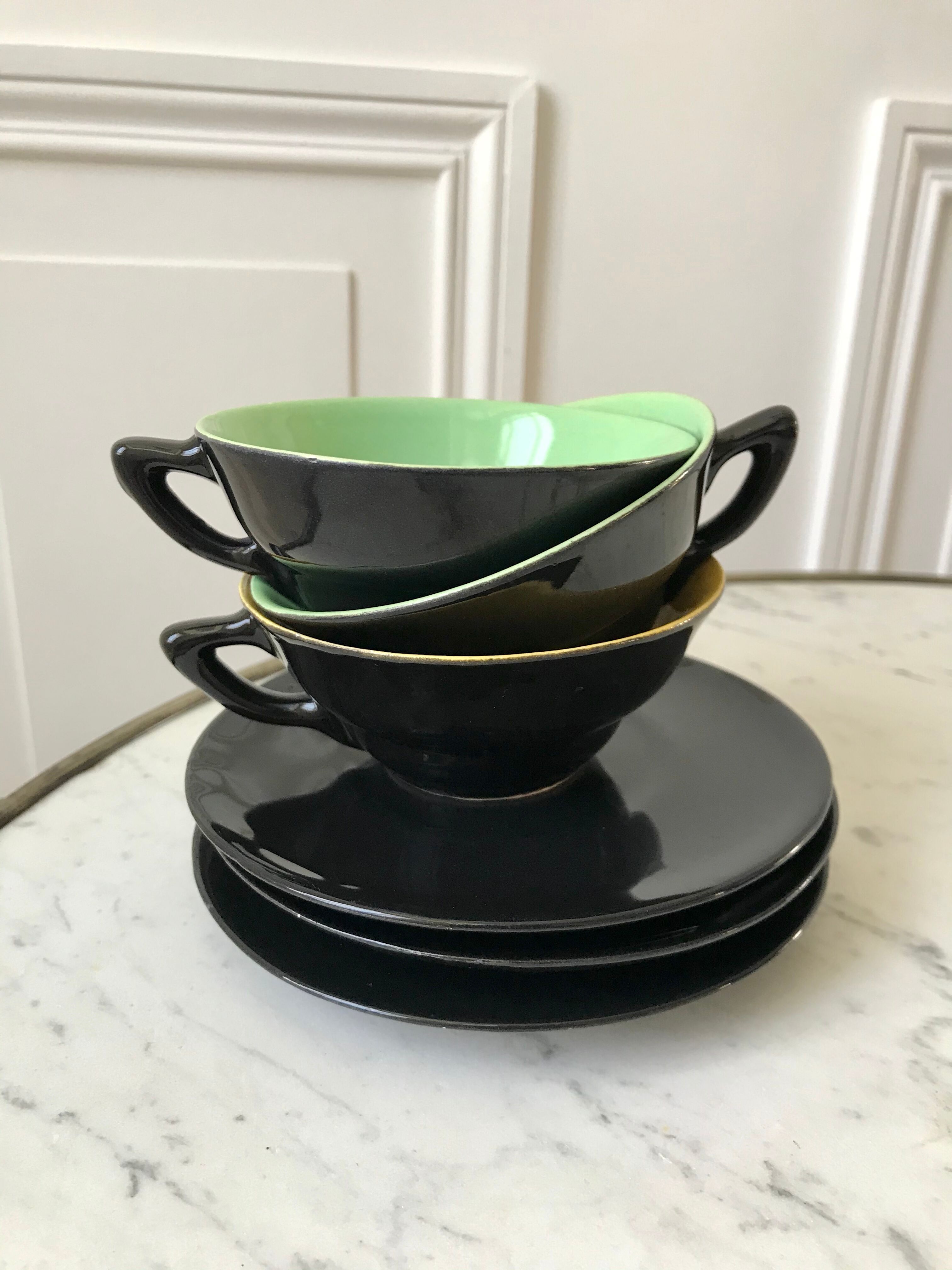 Set of 3 cups and saucers sage green and yellow 60s