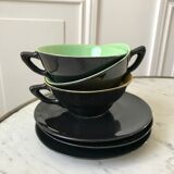 Set of 3 cups and saucers sage green and yellow 60s