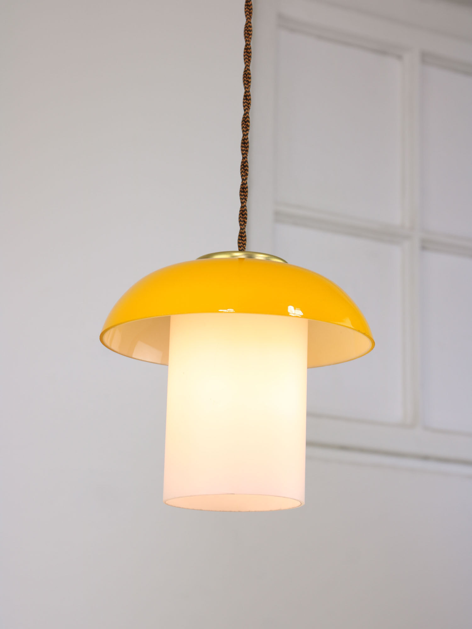 Mid-century yellow glass & brass mushroom pendant lamp