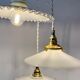 Three-light cascading pendant lamp with vintage white opaline lampshade