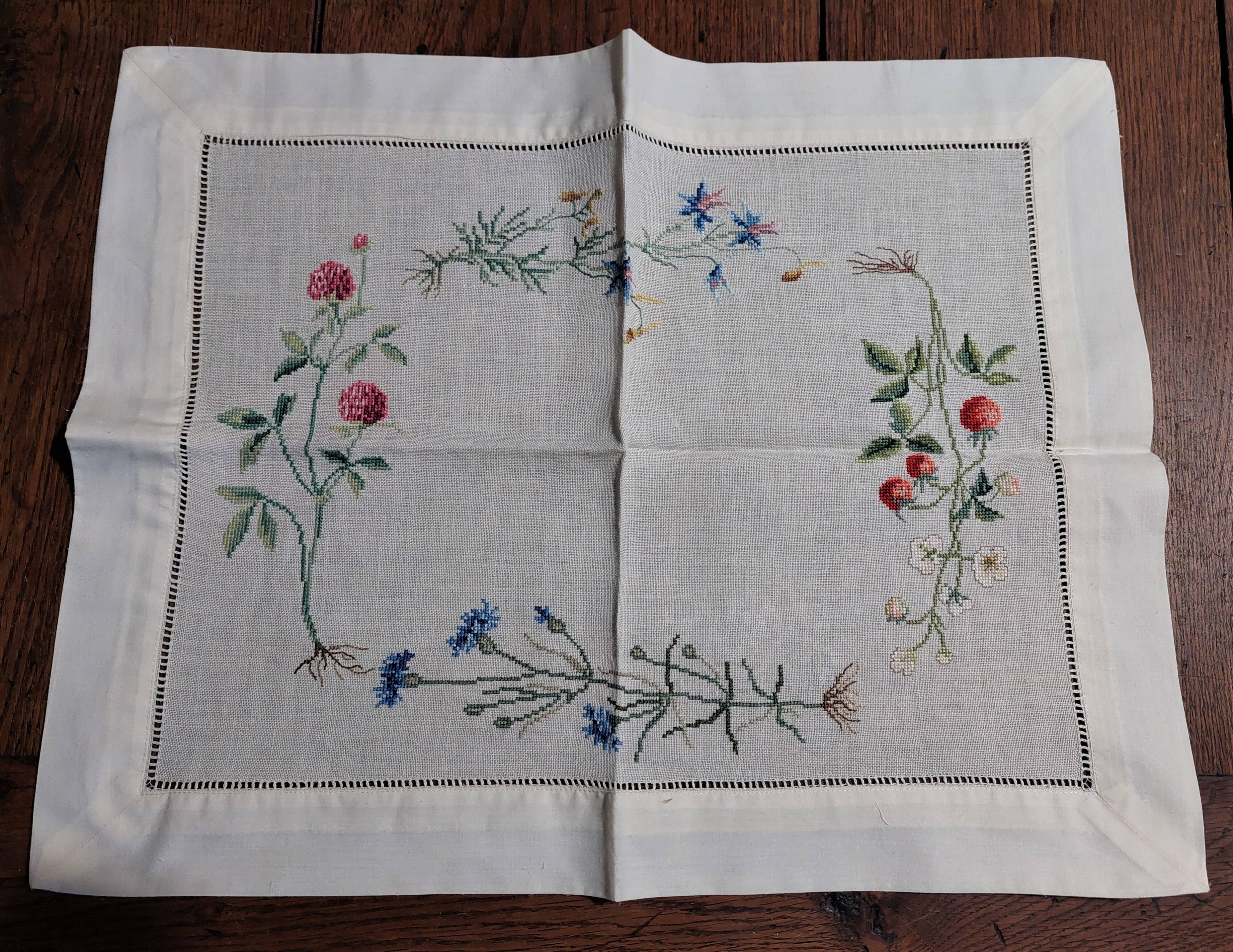 Embroidered placemats in vintage linen field flowers series of seven