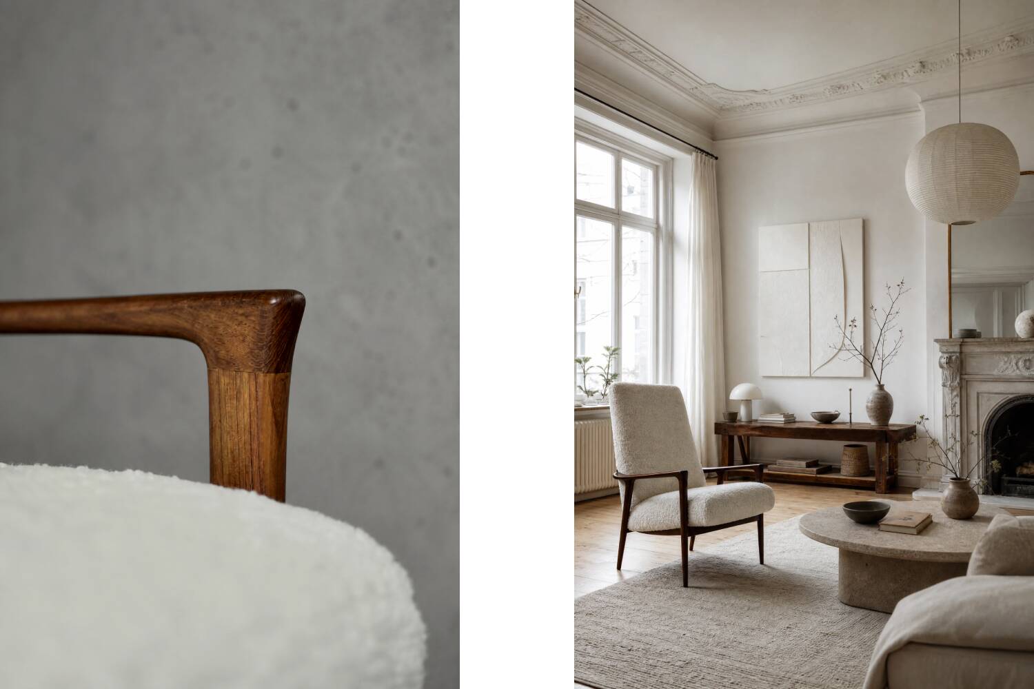 Vintage Mid-Century Scandinavian Modern White Boucle &Teak High Armchair