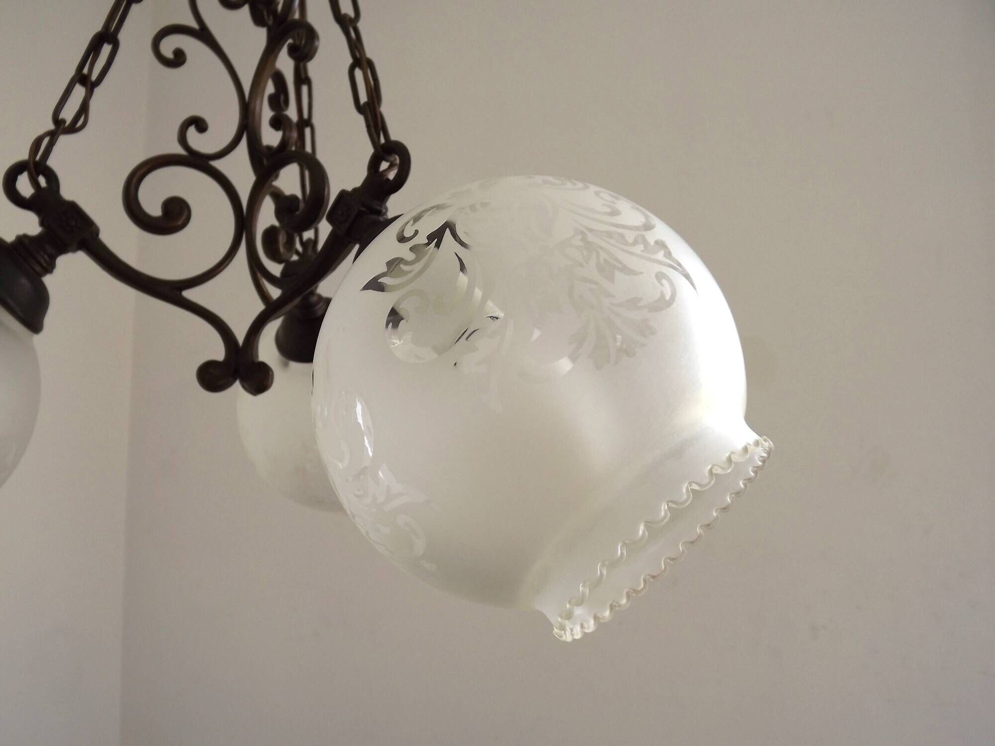 French Vintage 3 Light Bronze Effect Chandelier - Opaque Glass Ball Shades