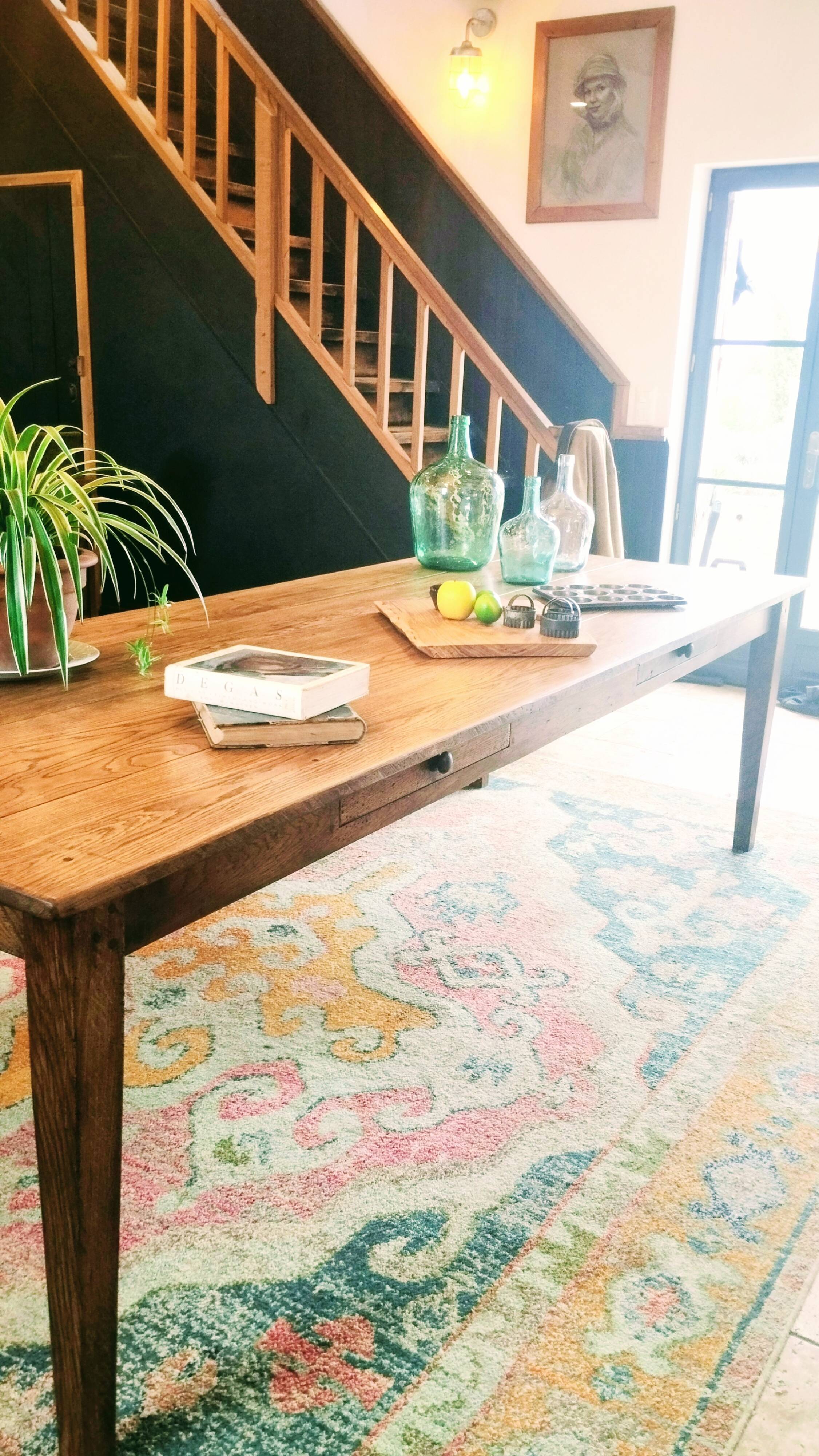 XXL solid oak farmhouse table 260x100 patinated two drawers