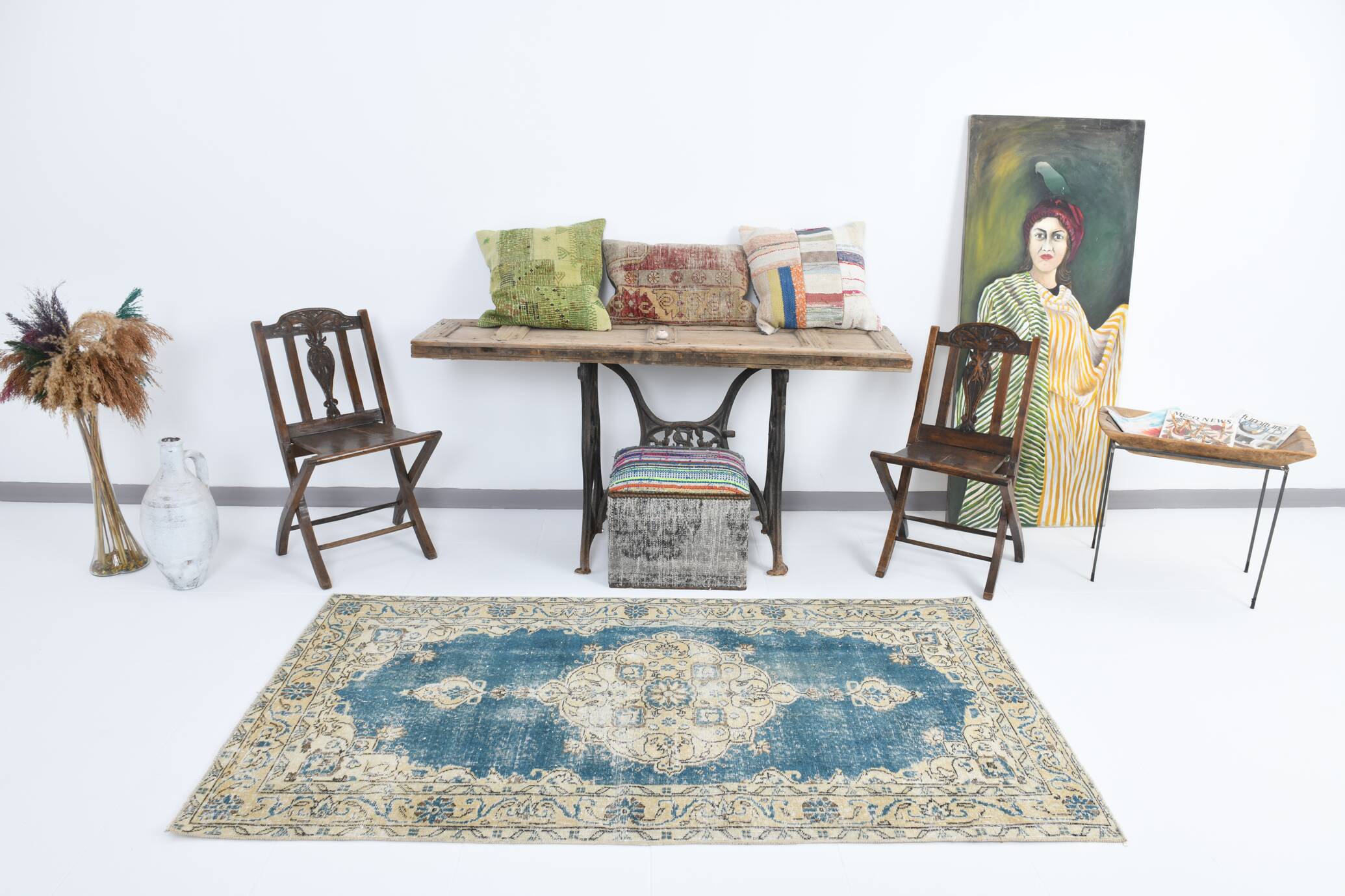 4x7 Rustic Blue & Beige Handmade Persian Rug, 112x212Cm SK 17715