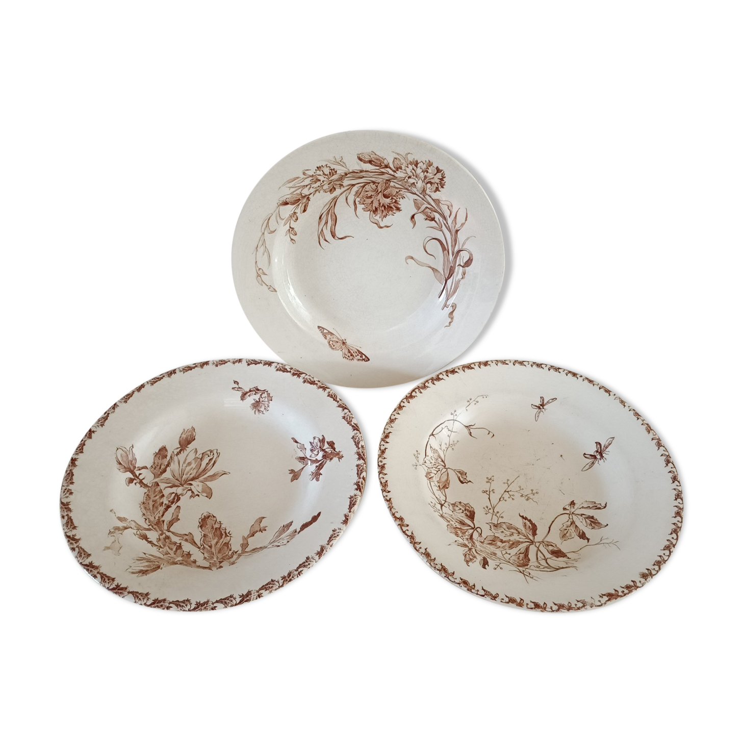 3 plates of iron earth mismatched Gien