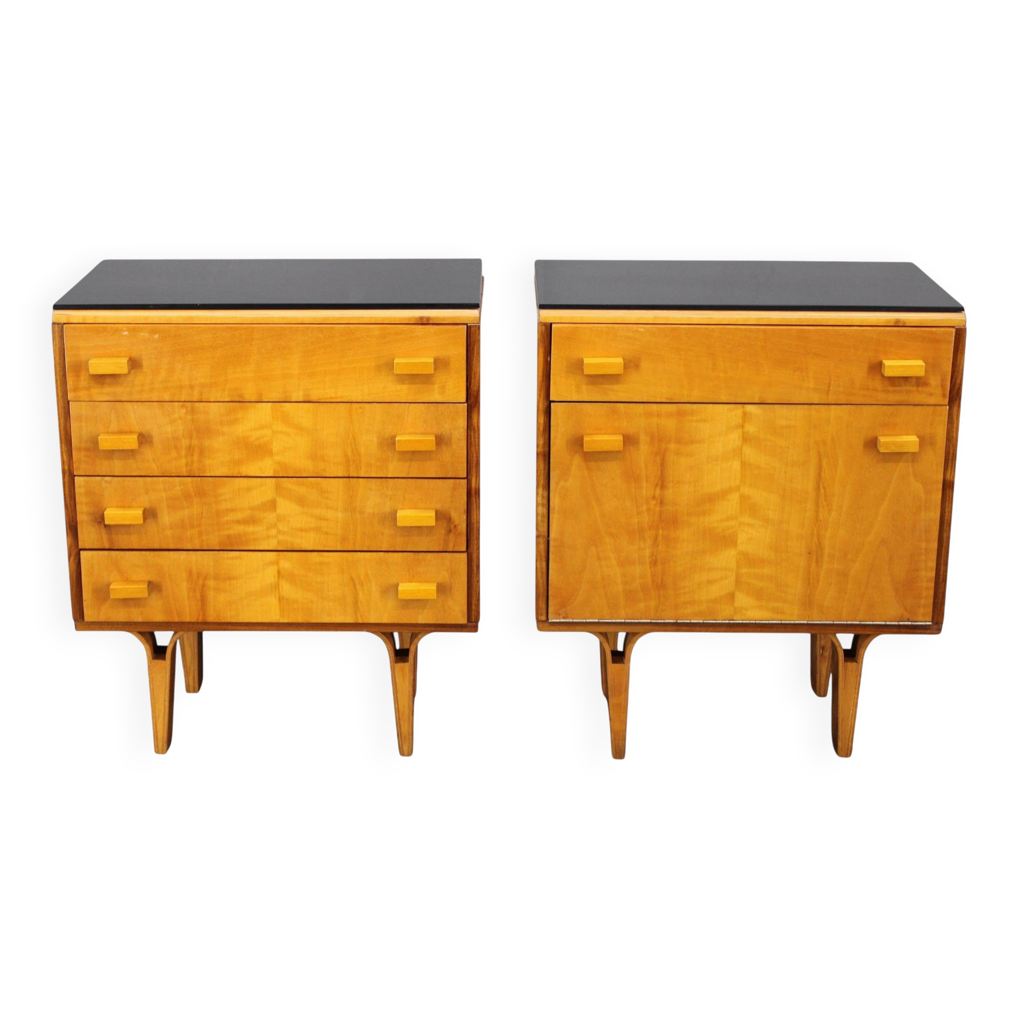 1960s František Mezulaník mid-century maple nightstands with black glass tops