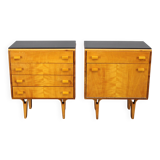 1960s František Mezulaník mid-century maple nightstands with black glass tops