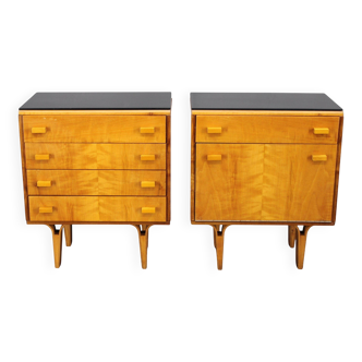 1960s František Mezulaník mid-century maple nightstands with black glass tops