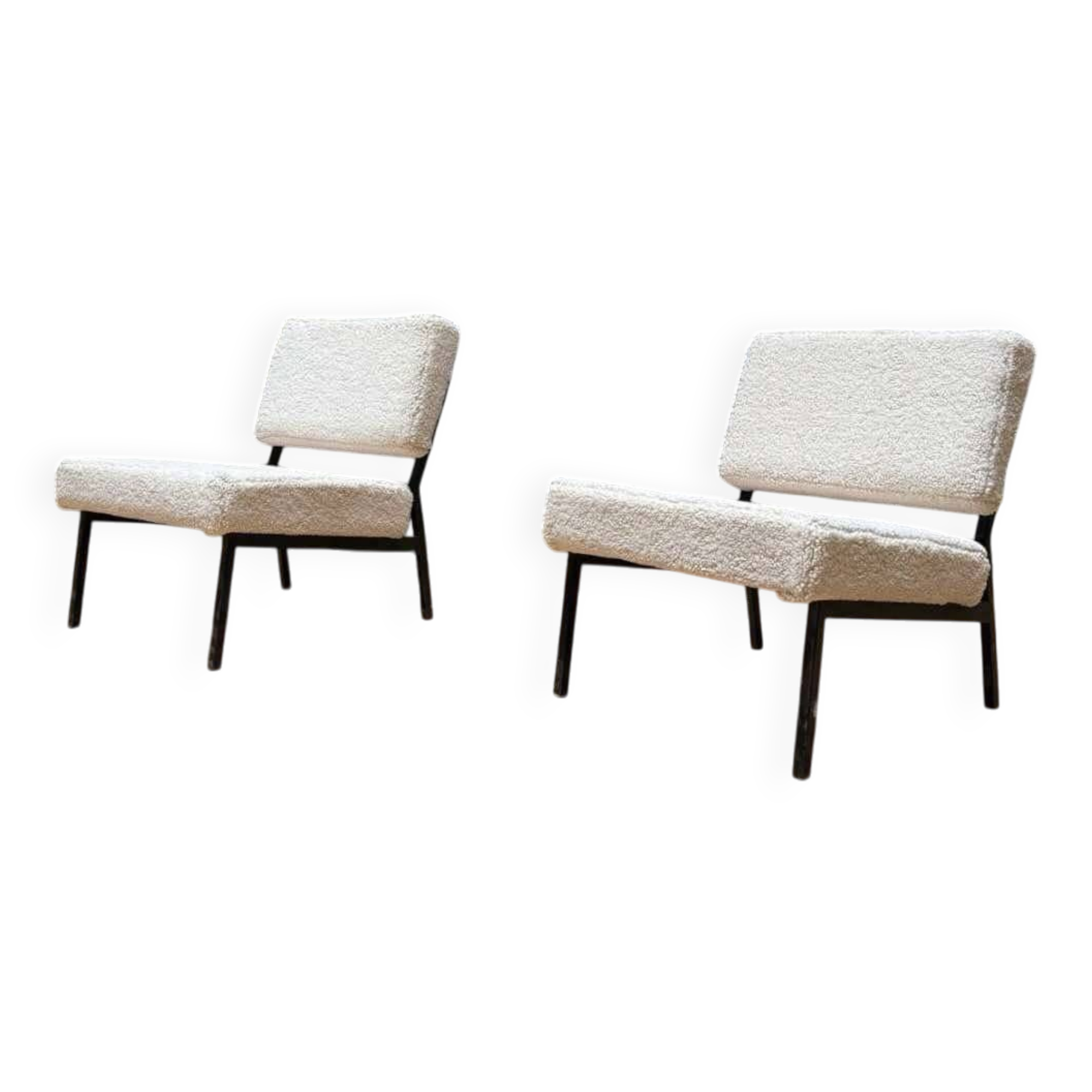 Pair of vintage armchairs, black metal and sheepskin fabric, France 1950.
