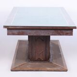 Restored Art Deco Dining Table, Oak, Copper Plating, Glass, Czech, 1930s