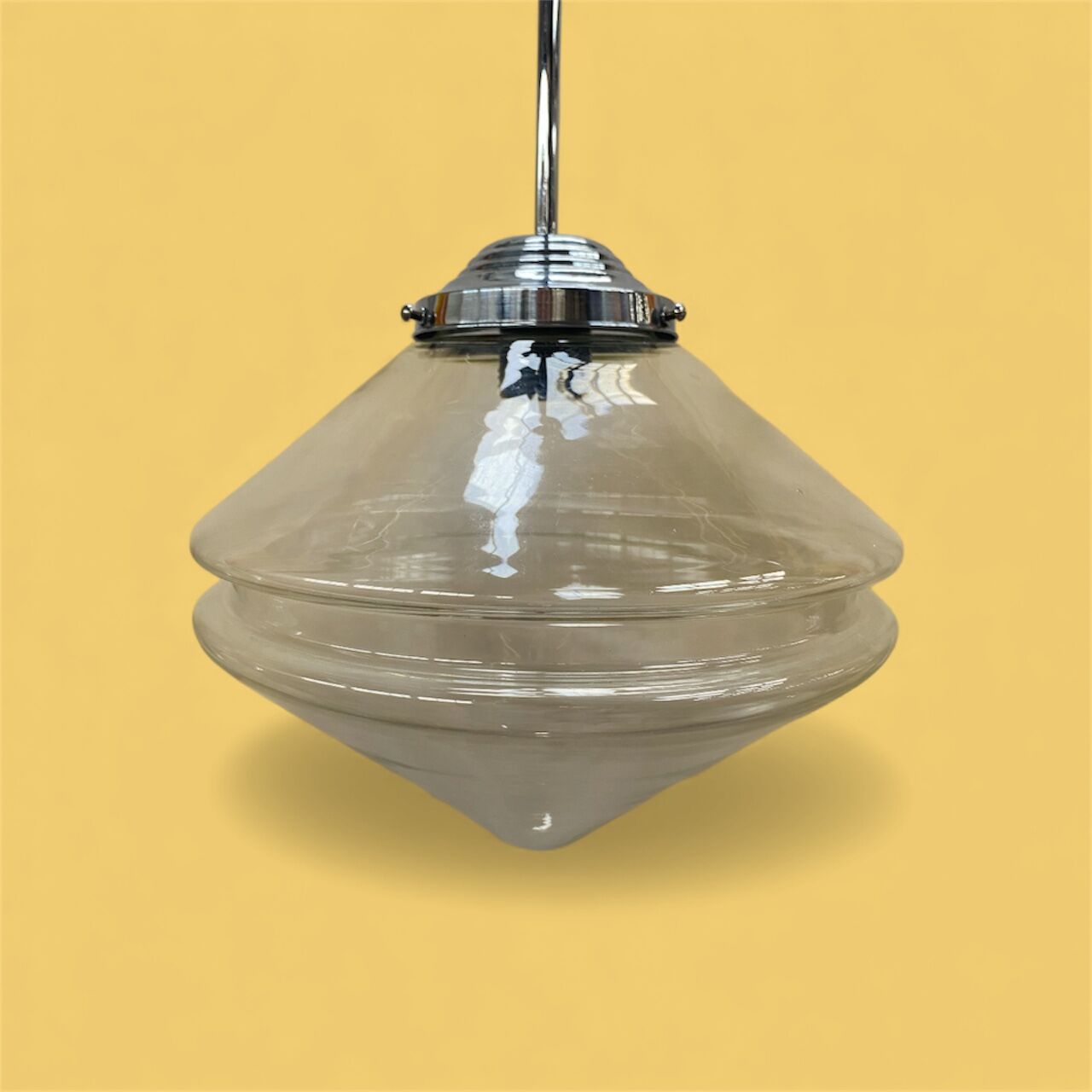 Chrome and transparent conical Art Deco pendant light from the 1930s.
