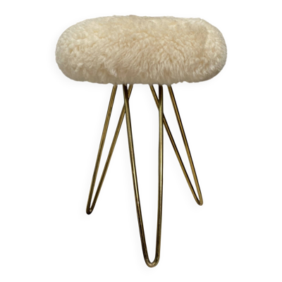 tabouret en laiton avec dessus en laine des années 1960