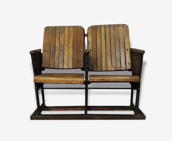 Ancien banc de cinéma en bois à deux sièges | Selency