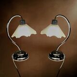 Pair of vintage lamps in chrome metal and frosted textured glass - Massive