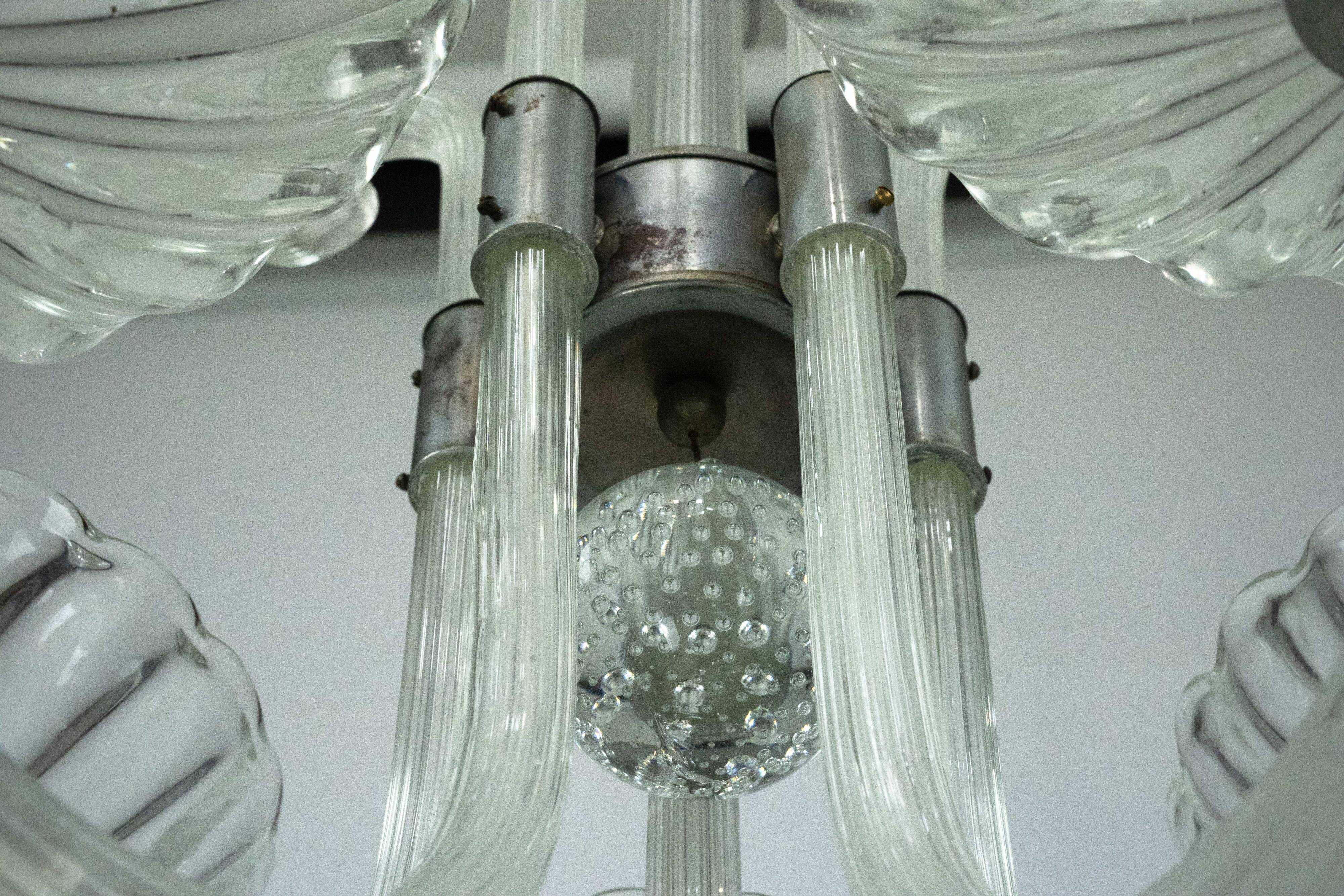 Rare Art Deco Italian Five-Arm Murano Glass Chandelier attributed to Seguso